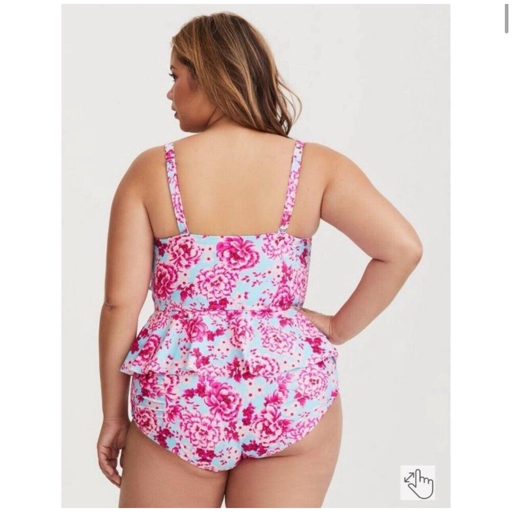Torrid Floral Tankini Ruffle Swim Top Aqua Blue & Pink Beach Vacation Bathing Su - Picture 2 of 7